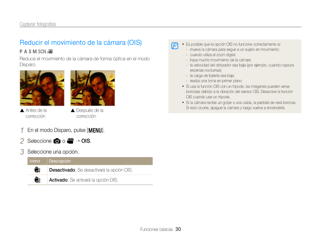 Samsung EC-WB750ZBPBE1 manual Reducir el movimiento de la cámara OIS, Corrección 