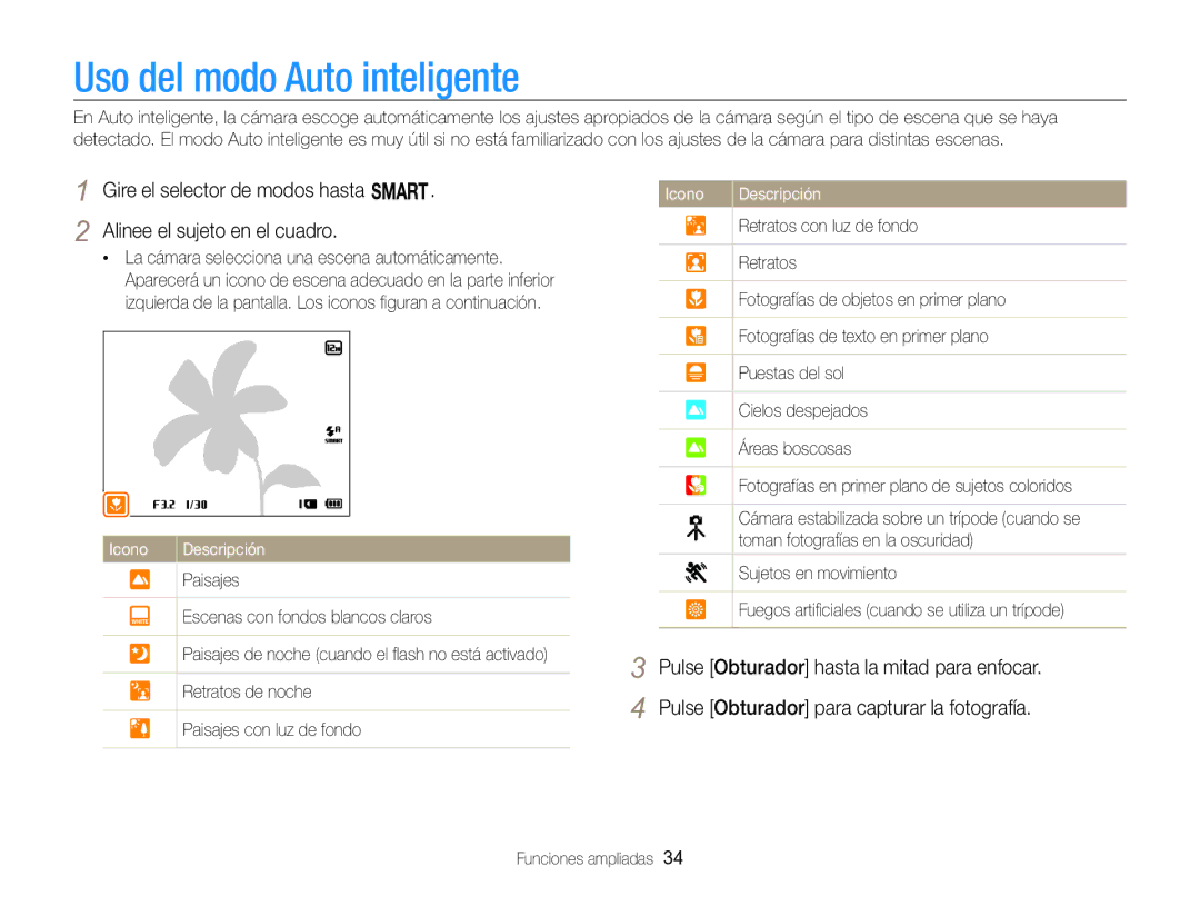 Samsung EC-WB750ZBPBE1 manual Uso del modo Auto inteligente 