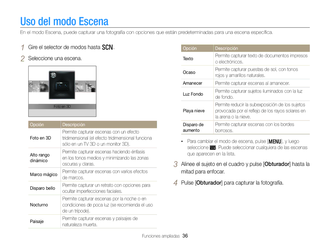 Samsung EC-WB750ZBPBE1 manual Uso del modo Escena, Gire el selector de modos hasta s Seleccione una escena 