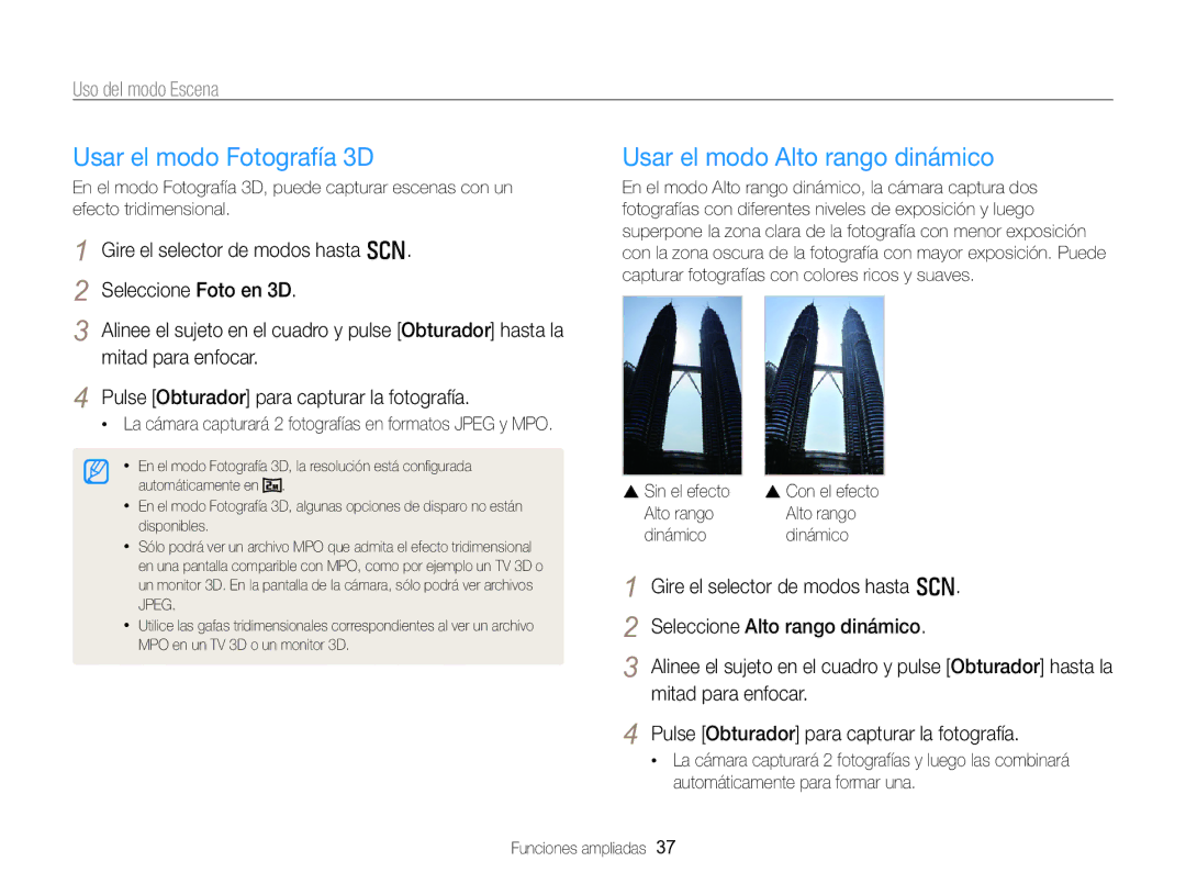 Samsung EC-WB750ZBPBE1 Usar el modo Fotografía 3D, Usar el modo Alto rango dinámico, Uso del modo Escena, Sin el efecto 