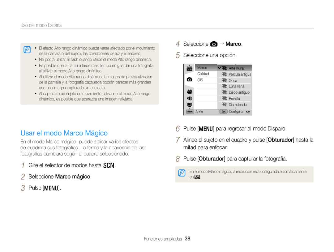 Samsung EC-WB750ZBPBE1 manual Usar el modo Marco Mágico, Seleccione a “ Marco Seleccione una opción 