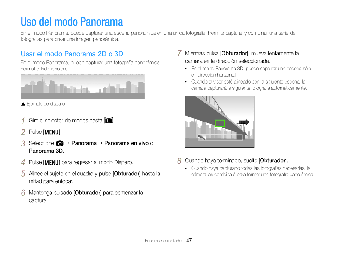 Samsung EC-WB750ZBPBE1 manual Uso del modo Panorama, Usar el modo Panorama 2D o 3D, Cuando haya terminado, suelte Obturador 