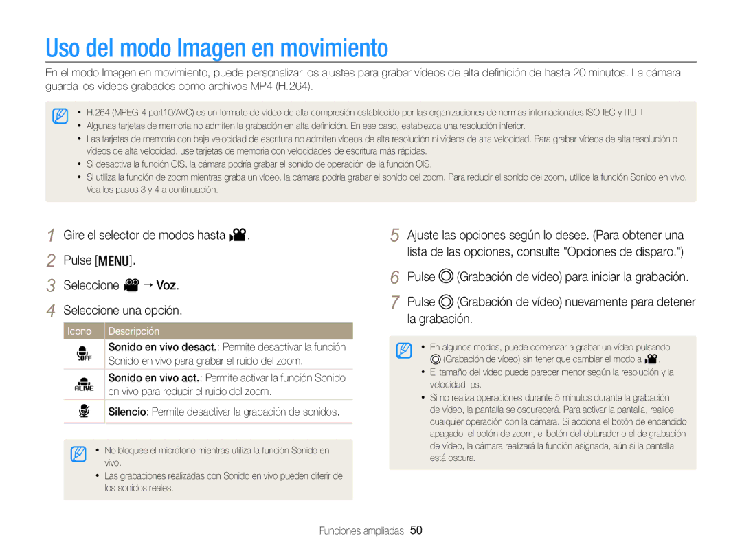 Samsung EC-WB750ZBPBE1 manual Uso del modo Imagen en movimiento, Icono Descripción 