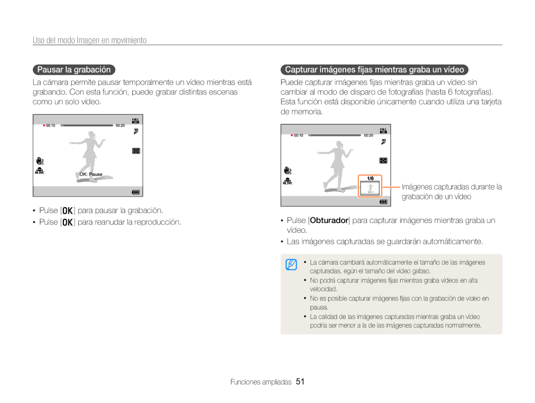 Samsung EC-WB750ZBPBE1 manual Uso del modo Imagen en movimiento, Pausar la grabación, Grabación de un vídeo 