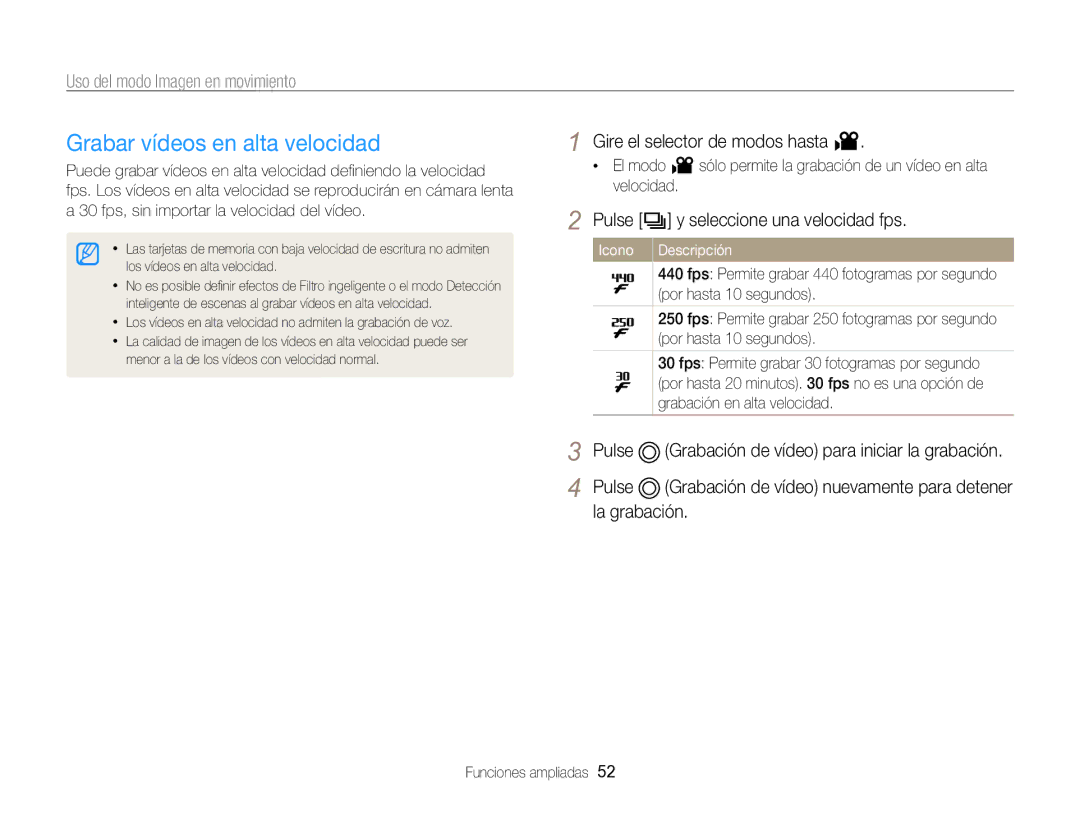 Samsung EC-WB750ZBPBE1 manual Grabar vídeos en alta velocidad, Gire el selector de modos hasta, Por hasta 10 segundos 