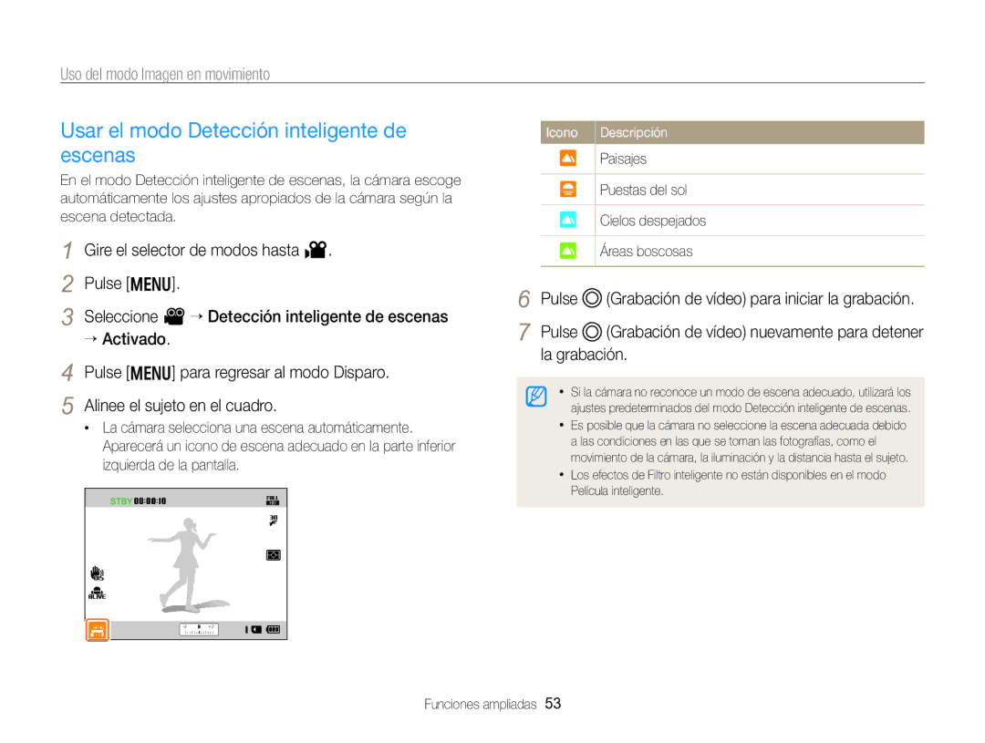 Samsung EC-WB750ZBPBE1 manual Usar el modo Detección inteligente de escenas, Paisajes 