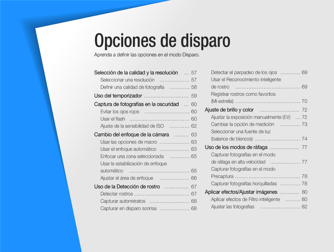 Samsung EC-WB750ZBPBE1 manual Opciones de disparo, Aprenda a deﬁnir las opciones en el modo Disparo 