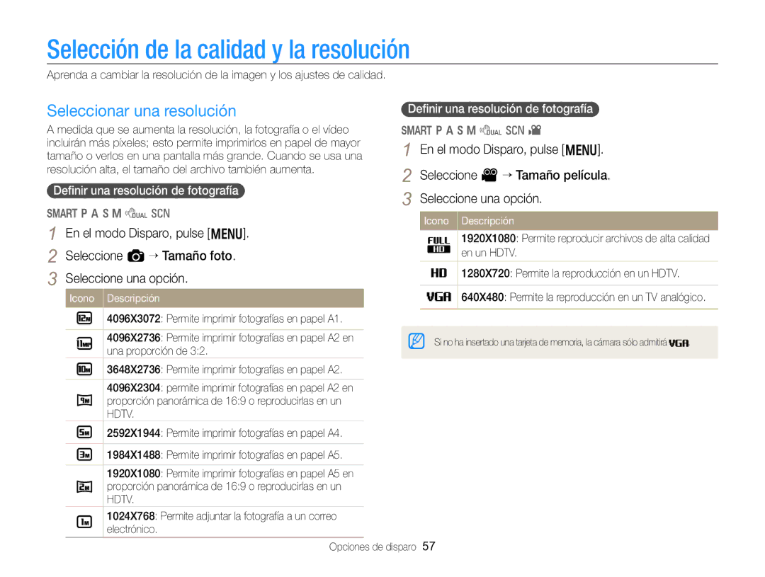 Samsung EC-WB750ZBPBE1 manual Selección de la calidad y la resolución, Seleccionar una resolución 