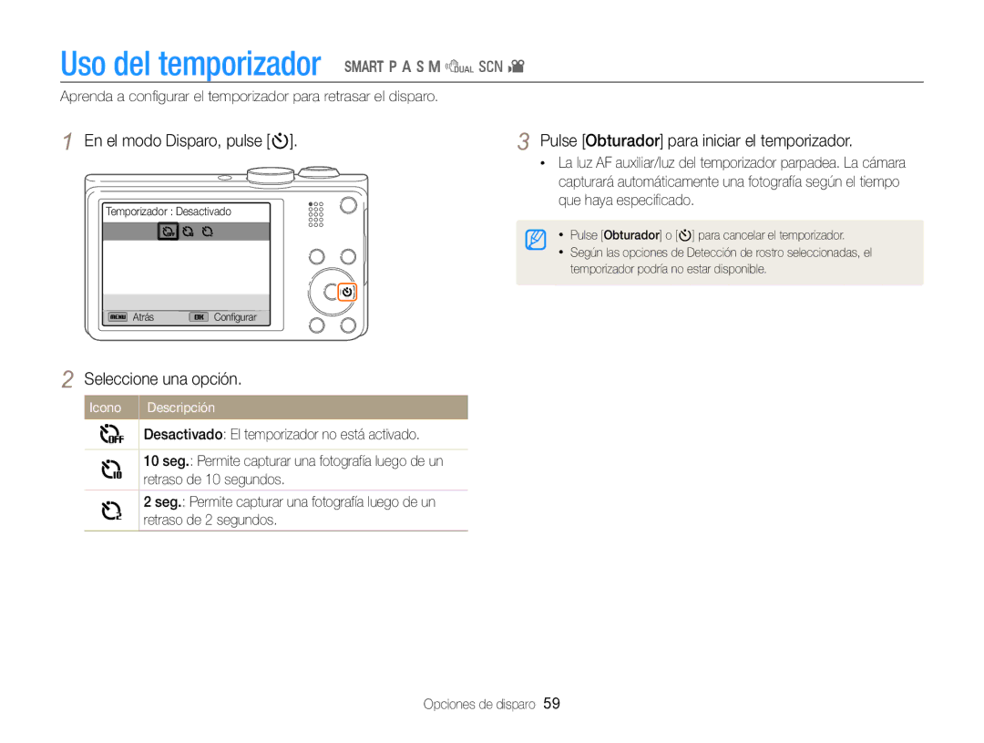 Samsung EC-WB750ZBPBE1 manual Uso del temporizador S p a h M d s, En el modo Disparo, pulse t 