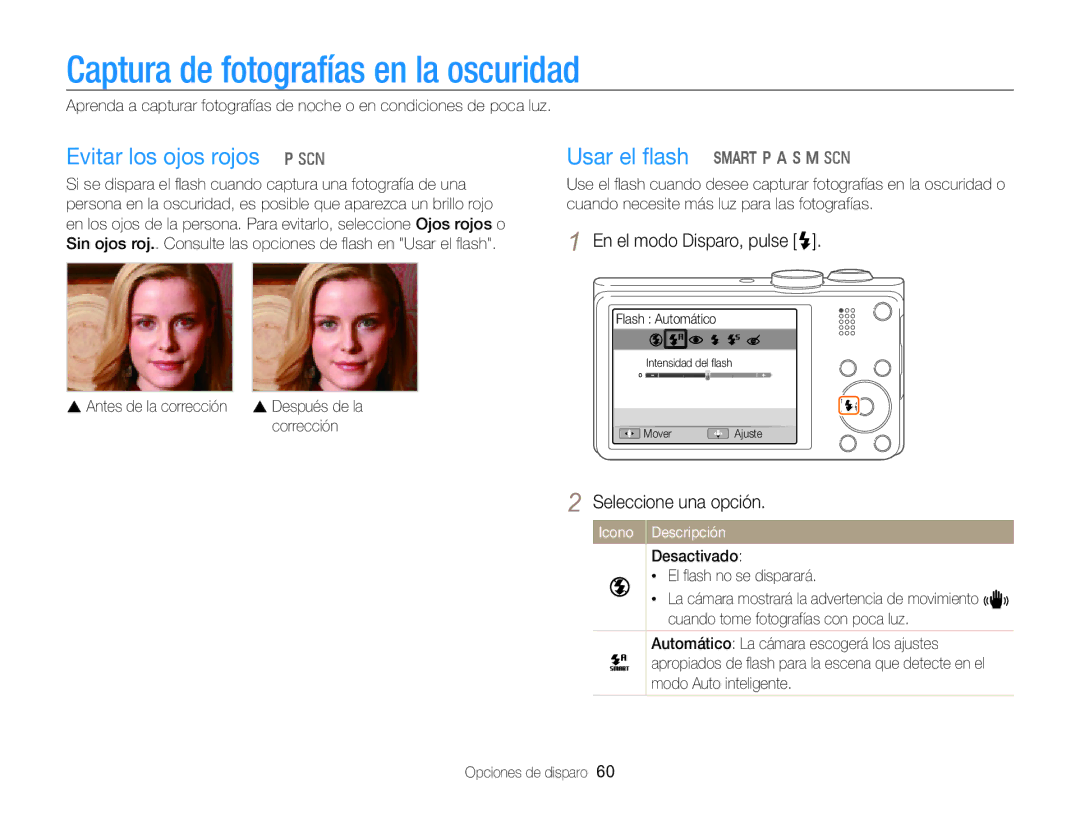 Samsung EC-WB750ZBPBE1 manual Captura de fotografías en la oscuridad, Evitar los ojos rojos p s, Usar el ﬂash S p a h M s 