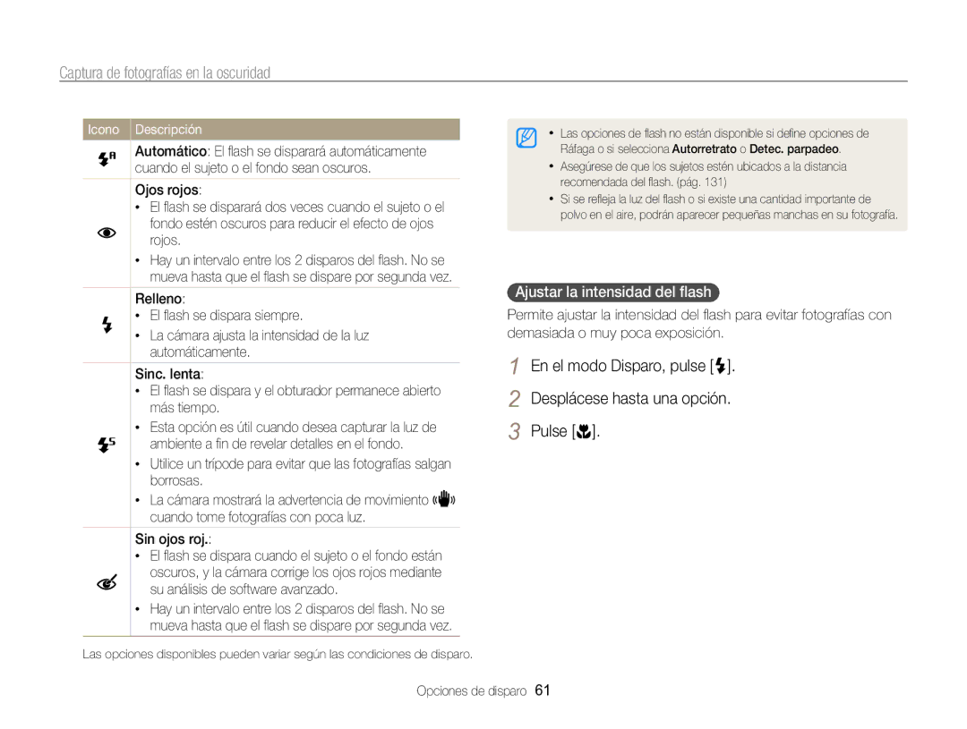 Samsung EC-WB750ZBPBE1 manual Captura de fotografías en la oscuridad, Ajustar la intensidad del ﬂash, Sin ojos roj 