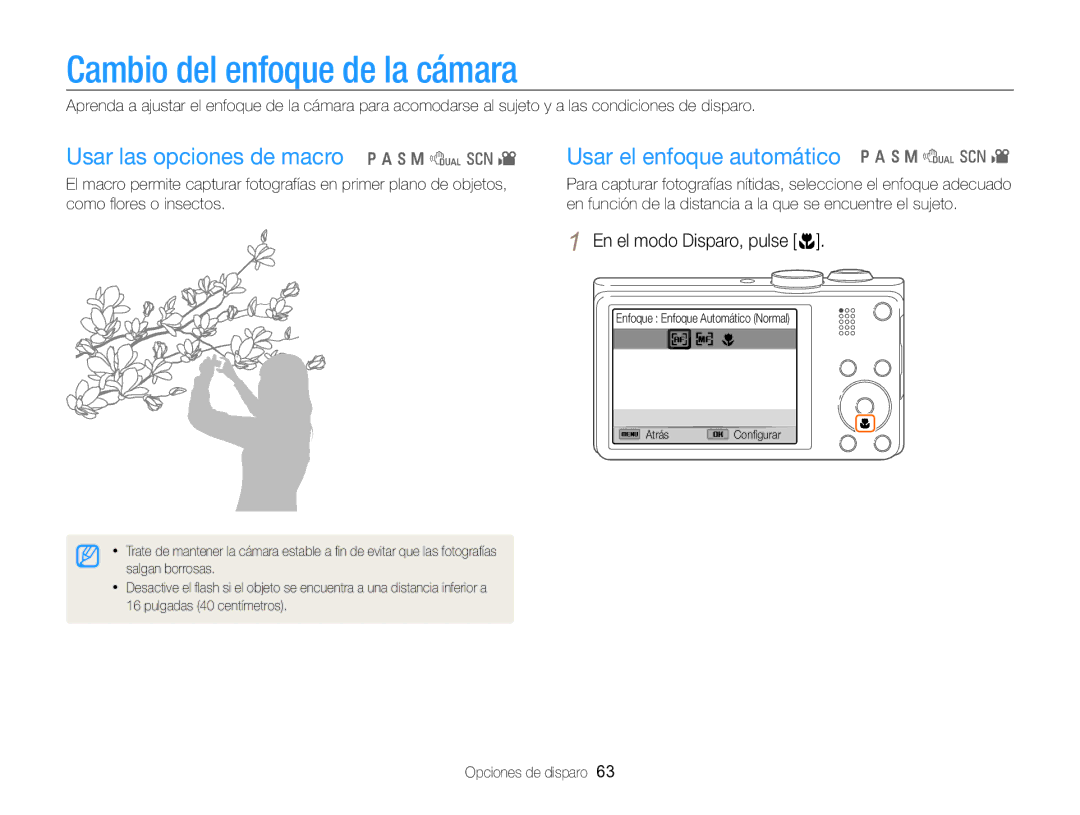 Samsung EC-WB750ZBPBE1 manual Cambio del enfoque de la cámara, En el modo Disparo, pulse c 