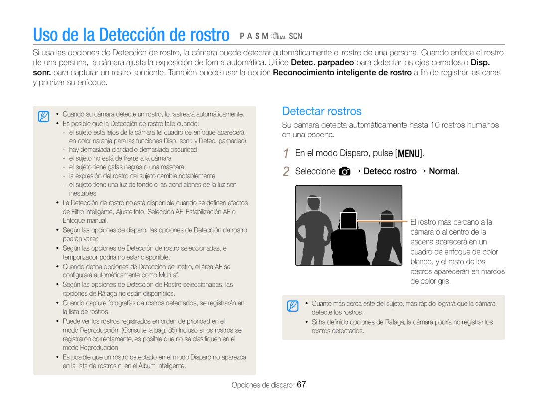 Samsung EC-WB750ZBPBE1 manual Uso de la Detección de rostro p a h M d s, Detectar rostros 