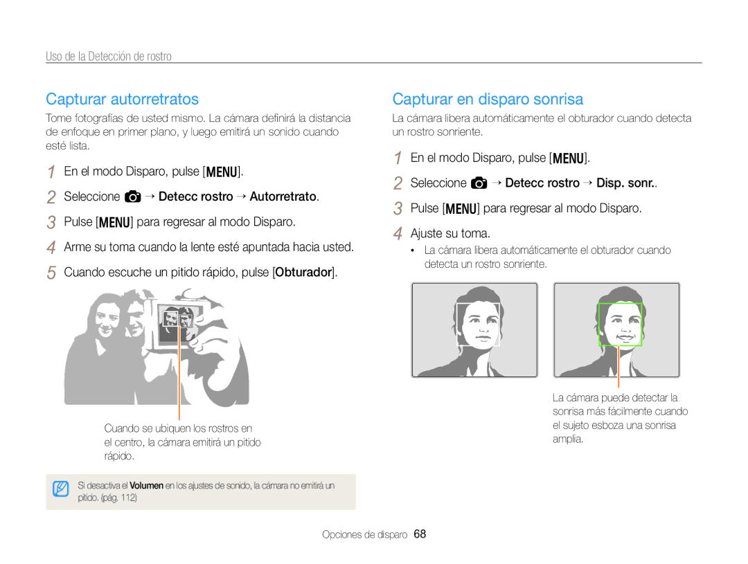 Samsung EC-WB750ZBPBE1 Capturar autorretratos, Capturar en disparo sonrisa, Uso de la Detección de rostro, Ajuste su toma 