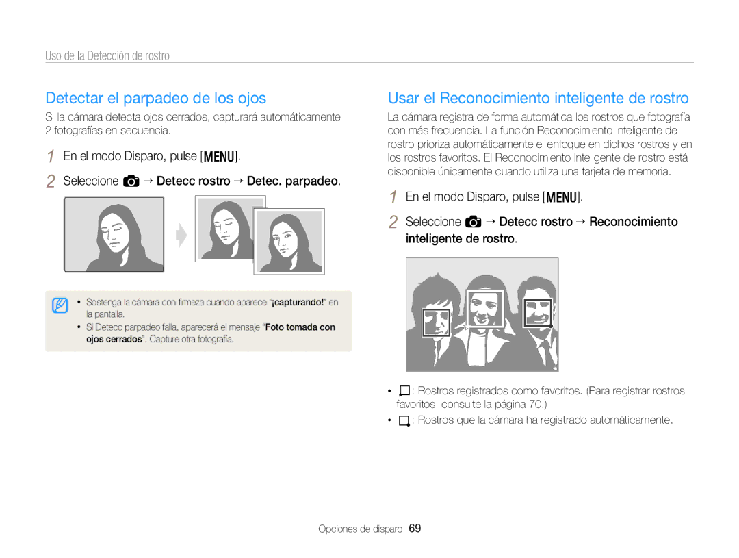 Samsung EC-WB750ZBPBE1 manual Detectar el parpadeo de los ojos, Usar el Reconocimiento inteligente de rostro 