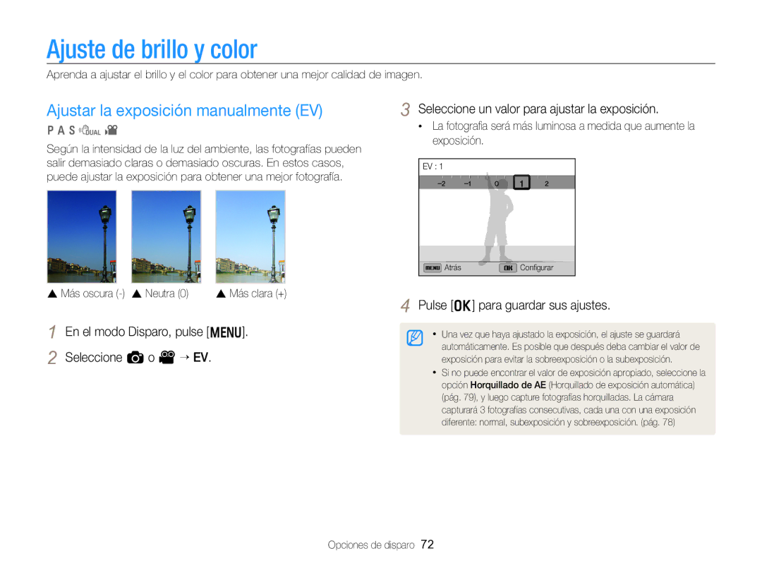 Samsung EC-WB750ZBPBE1 Ajuste de brillo y color, Ajustar la exposición manualmente EV 