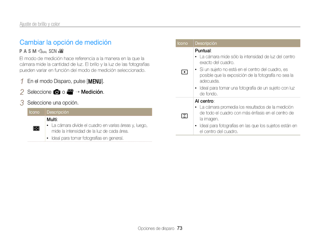 Samsung EC-WB750ZBPBE1 manual Cambiar la opción de medición, Ajuste de brillo y color, Seleccione a o V “ Medición 