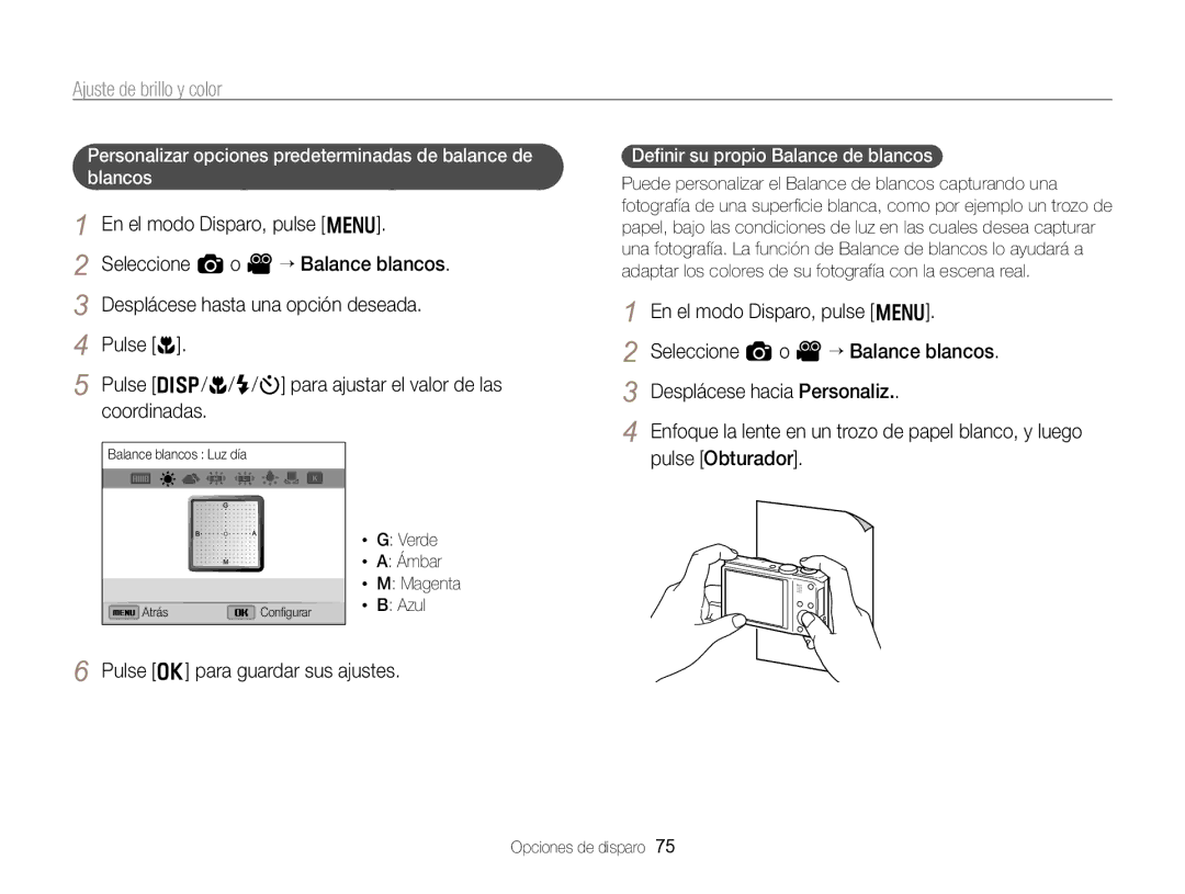 Samsung EC-WB750ZBPBE1 manual Deﬁnir su propio Balance de blancos, Verde Ámbar Magenta Azul 