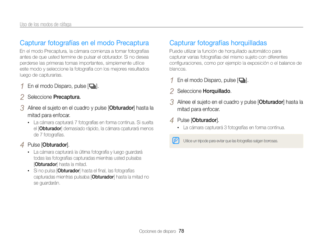 Samsung EC-WB750ZBPBE1 Capturar fotografías en el modo Precaptura, Capturar fotografías horquilladas, Pulse Obturador 