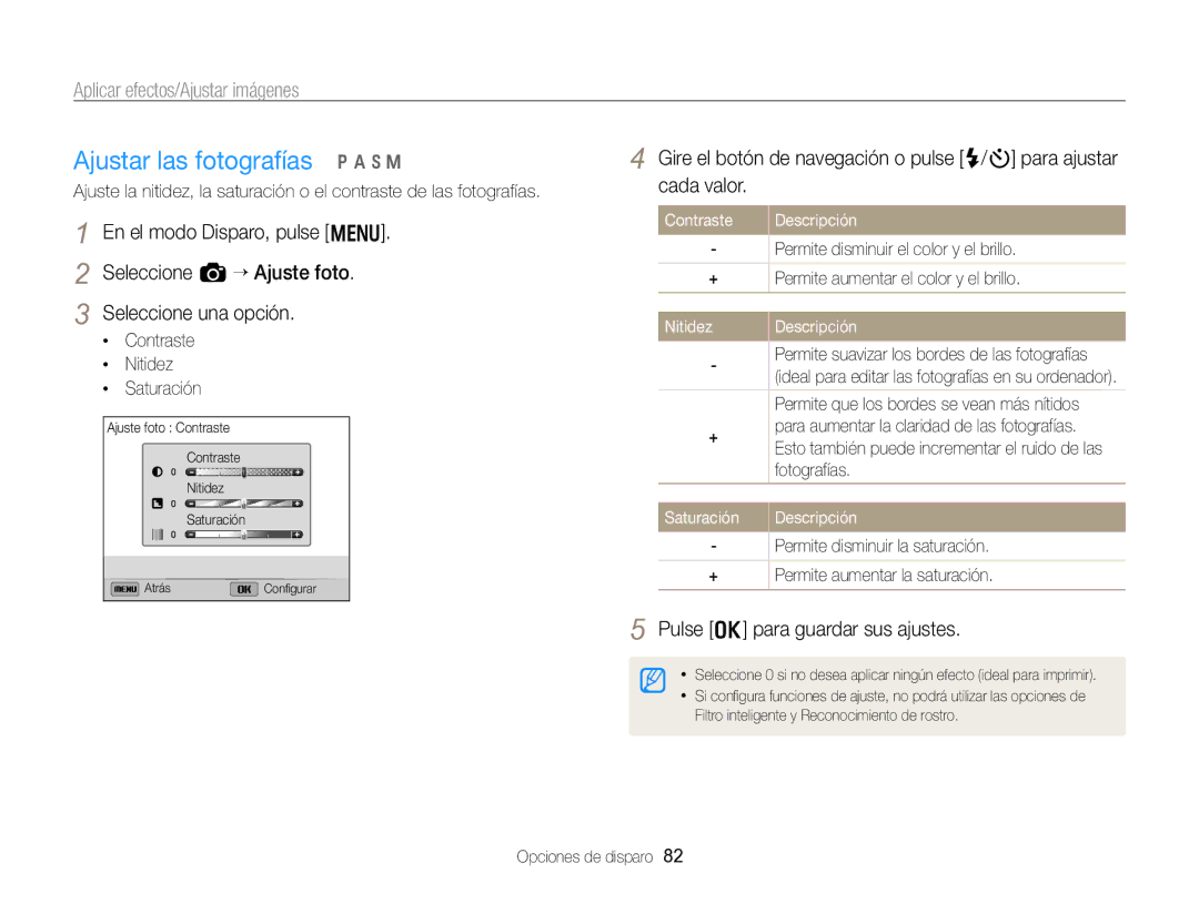 Samsung EC-WB750ZBPBE1 Ajustar las fotografías p a h M, En el modo Disparo, pulse m Seleccione a “ Ajuste foto, Contraste 