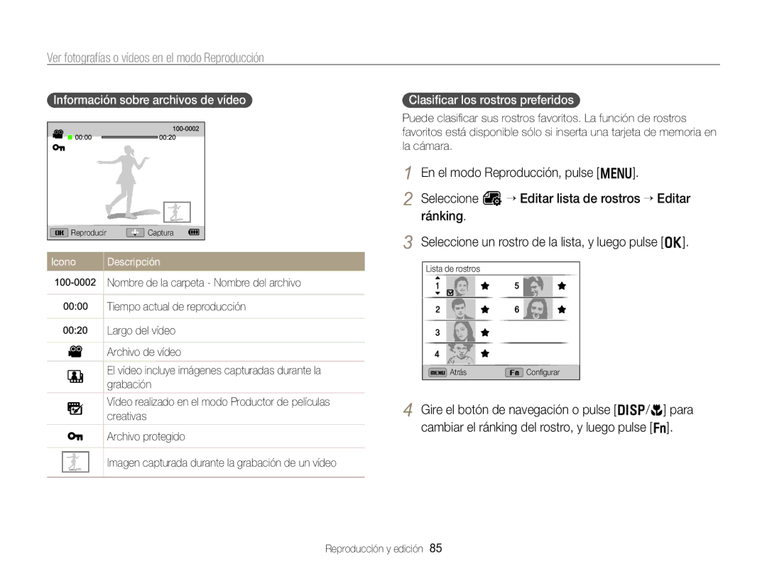 Samsung EC-WB750ZBPBE1 manual Ver fotografías o vídeos en el modo Reproducción, Información sobre archivos de vídeo 