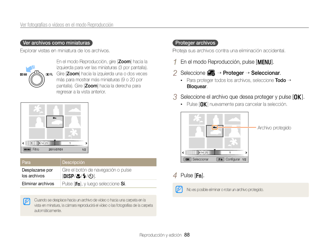 Samsung EC-WB750ZBPBE1 Seleccione el archivo que desea proteger y pulse o, Ver archivos como miniaturas, Proteger archivos 
