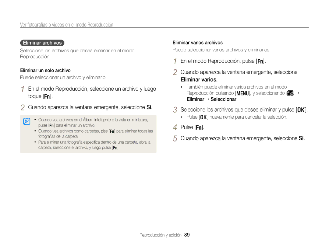 Samsung EC-WB750ZBPBE1 manual Seleccione los archivos que desee eliminar y pulse o, Eliminar archivos 