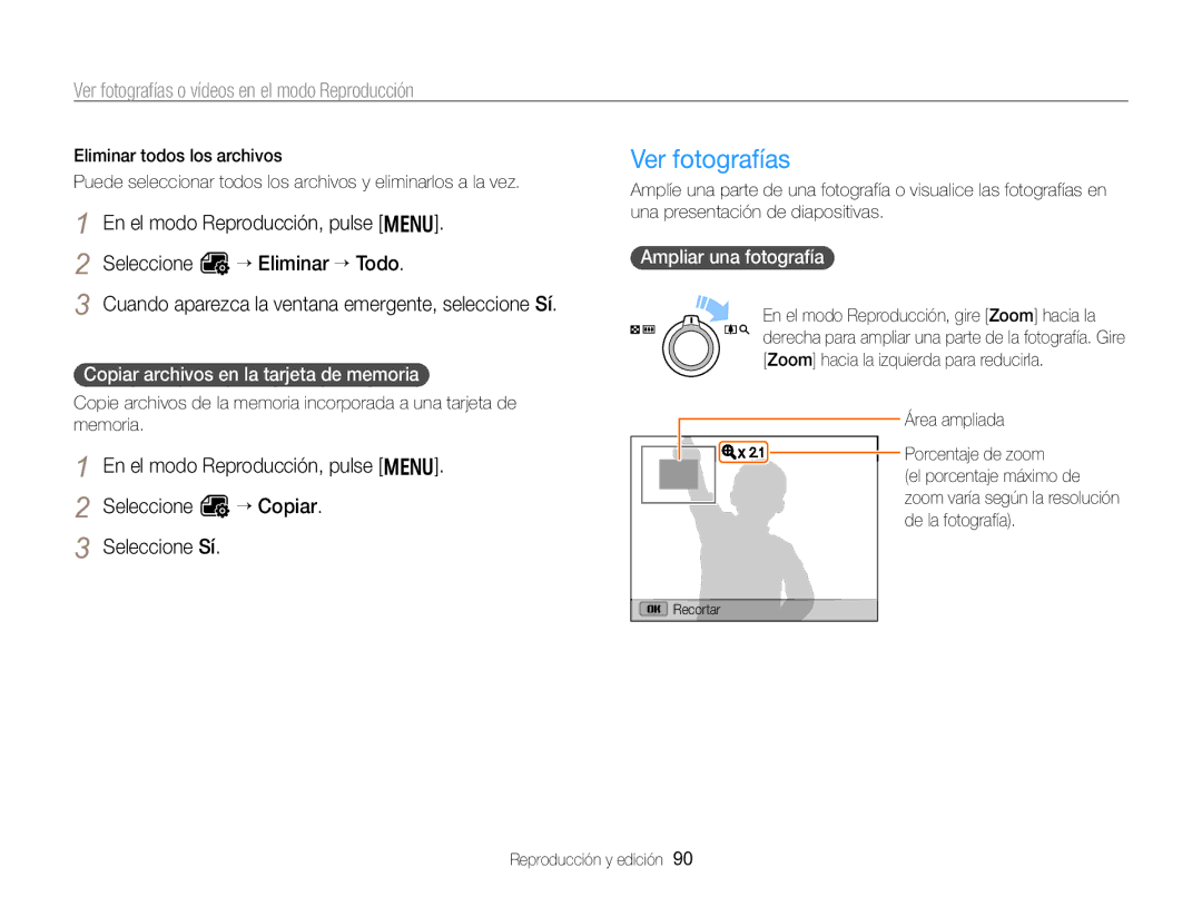 Samsung EC-WB750ZBPBE1 manual Ver fotografías, Copiar archivos en la tarjeta de memoria, Ampliar una fotografía 