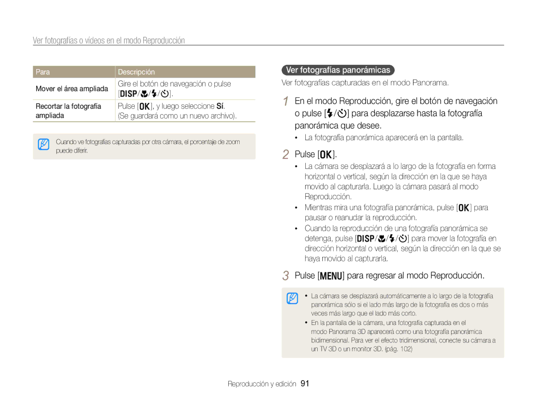 Samsung EC-WB750ZBPBE1 manual Pulse o, Pulse m para regresar al modo Reproducción, Ver fotografías panorámicas 