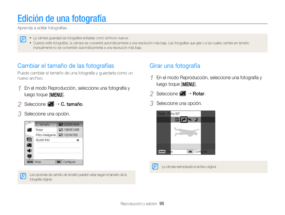 Samsung EC-WB750ZBPBE1 manual Edición de una fotografía, Cambiar el tamaño de las fotografías, Girar una fotografía 