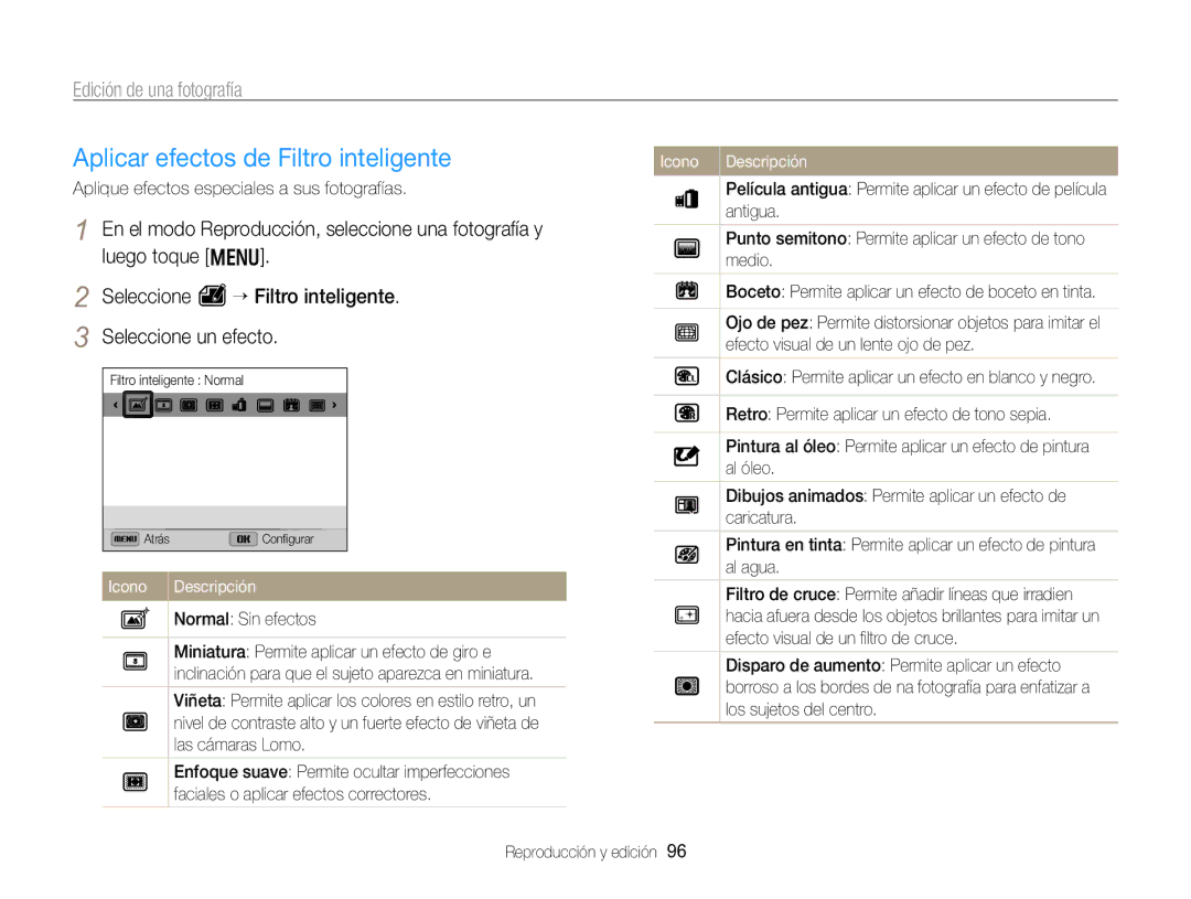 Samsung EC-WB750ZBPBE1 manual Aplicar efectos de Filtro inteligente, Edición de una fotografía 