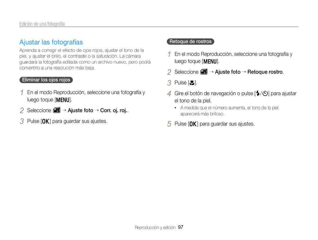Samsung EC-WB750ZBPBE1 manual Ajustar las fotografías, Eliminar los ojos rojos, Retoque de rostros 