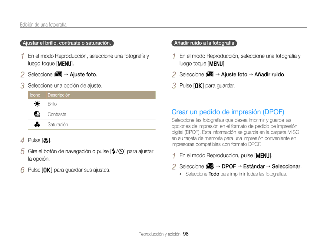 Samsung EC-WB750ZBPBE1 manual Crear un pedido de impresión Dpof, Ajustar el brillo, contraste o saturación 