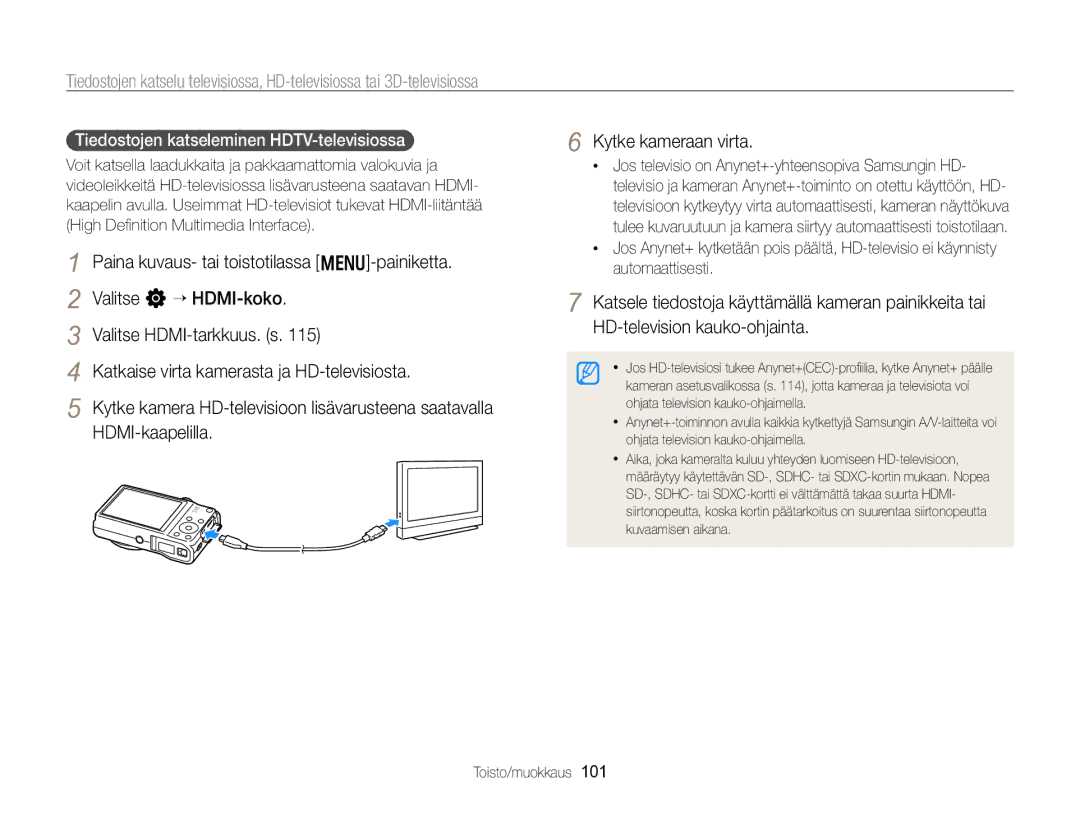 Samsung EC-WB750ZBPBE2 manual Tiedostojen katseleminen HDTV-televisiossa 