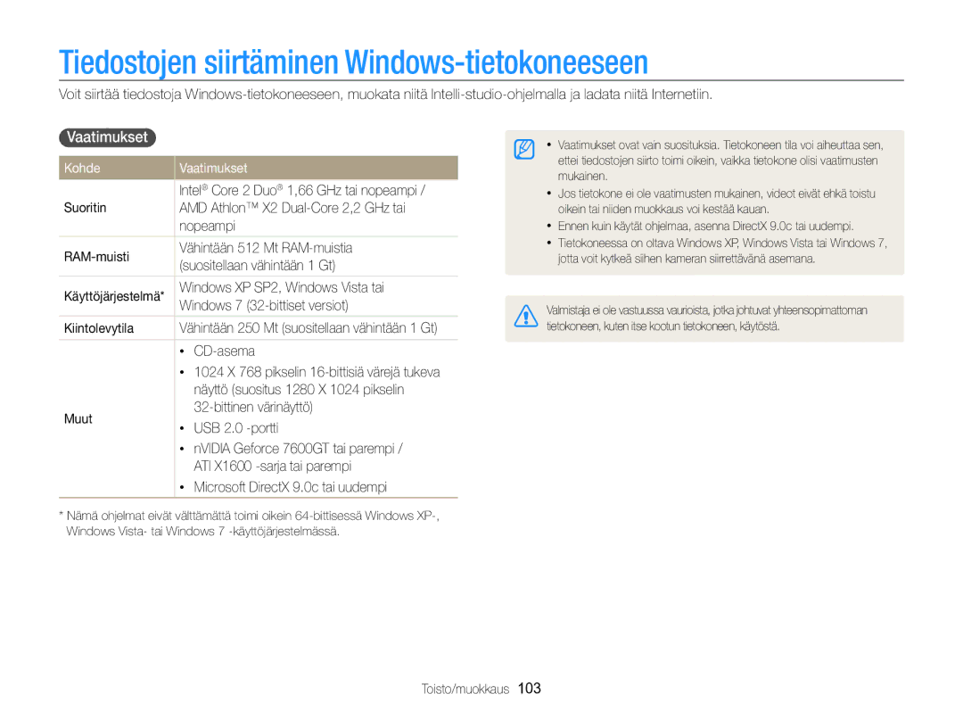 Samsung EC-WB750ZBPBE2 manual Tiedostojen siirtäminen Windows-tietokoneeseen, Kohde Vaatimukset 