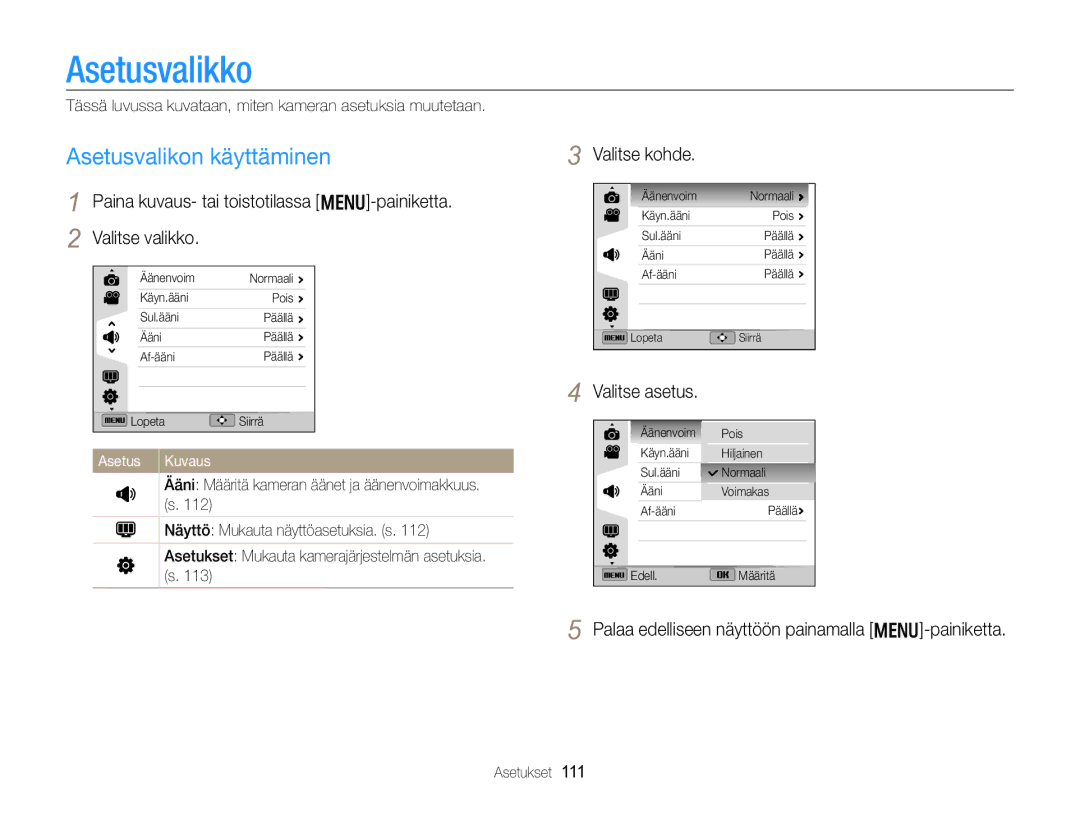 Samsung EC-WB750ZBPBE2 manual Asetusvalikko, Asetusvalikon käyttäminen, Paina kuvaus- tai toistotilassa m-painiketta 