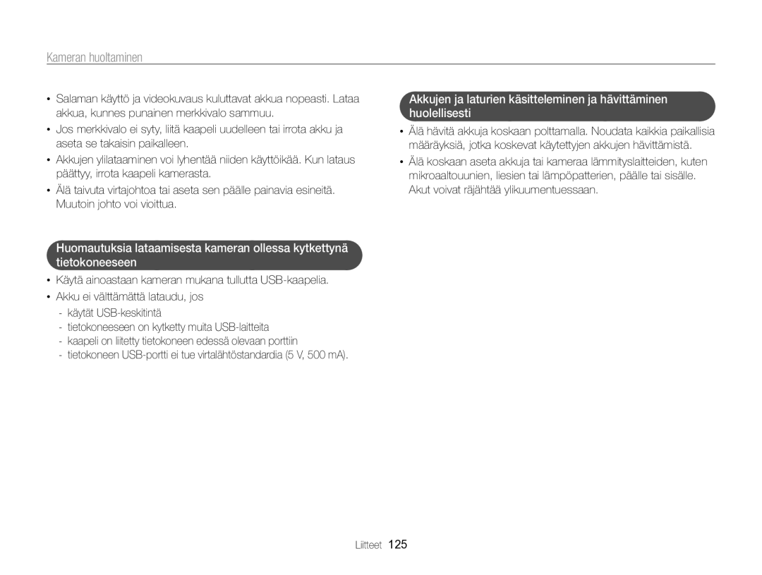 Samsung EC-WB750ZBPBE2 manual Kameran huoltaminen 