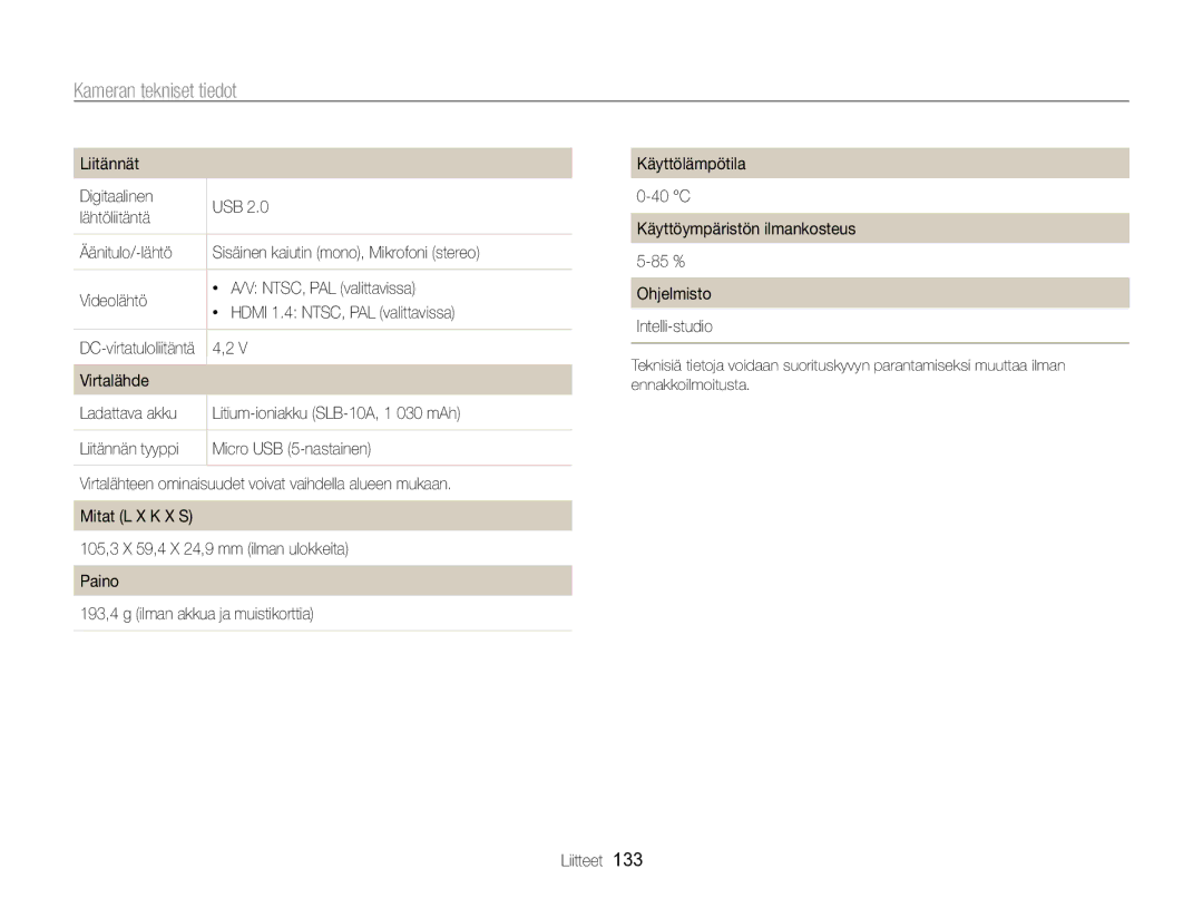 Samsung EC-WB750ZBPBE2 manual Virtalähde Ladattava akku Litium-ioniakku SLB-10A, 1 030 mAh, Micro USB 5-nastainen 