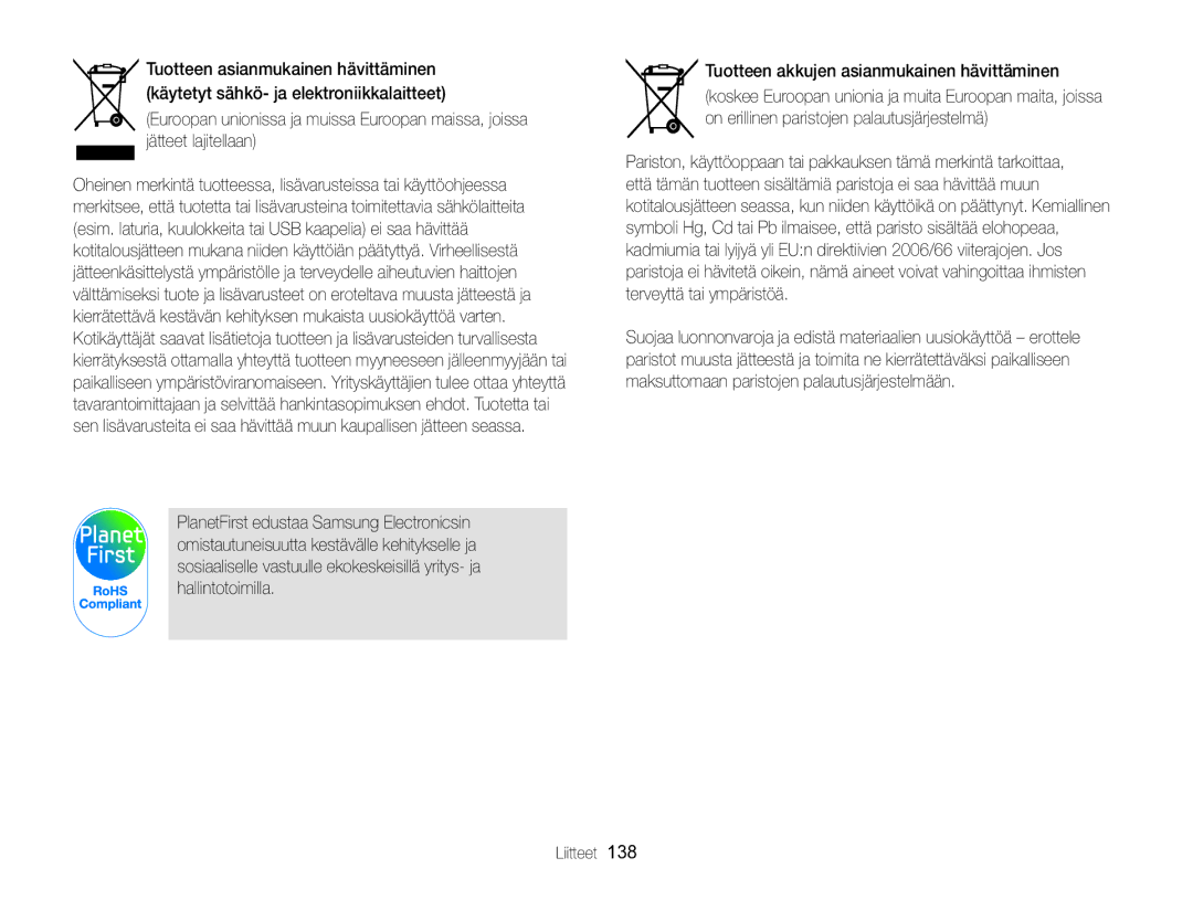 Samsung EC-WB750ZBPBE2 manual Tuotteen akkujen asianmukainen hävittäminen 