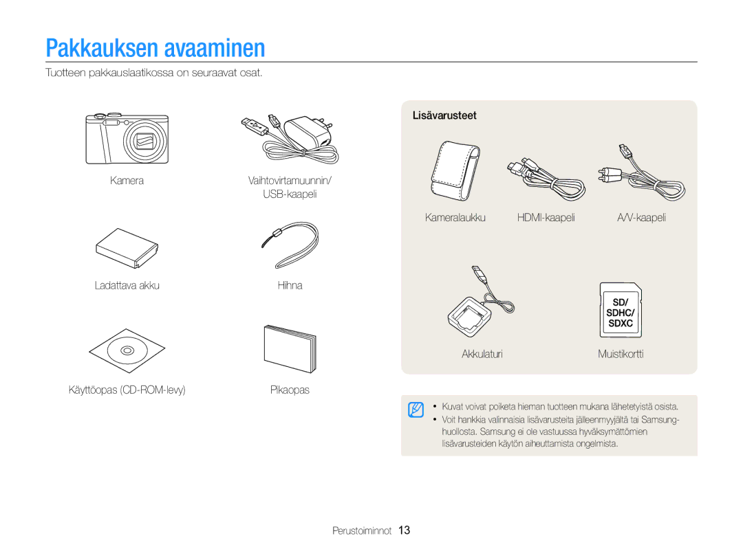 Samsung EC-WB750ZBPBE2 manual Pakkauksen avaaminen, AkkulaturiMuistikortti Käyttöopas CD-ROM-levy, Perustoiminnot 