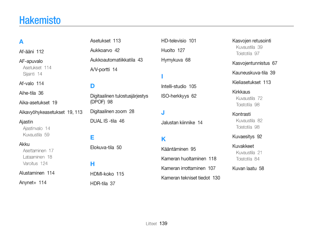 Samsung EC-WB750ZBPBE2 manual Hakemisto, Asetukset Sijainti, Ajastinvalo Kuvaustila, Asettaminen Lataaminen Varoitus 