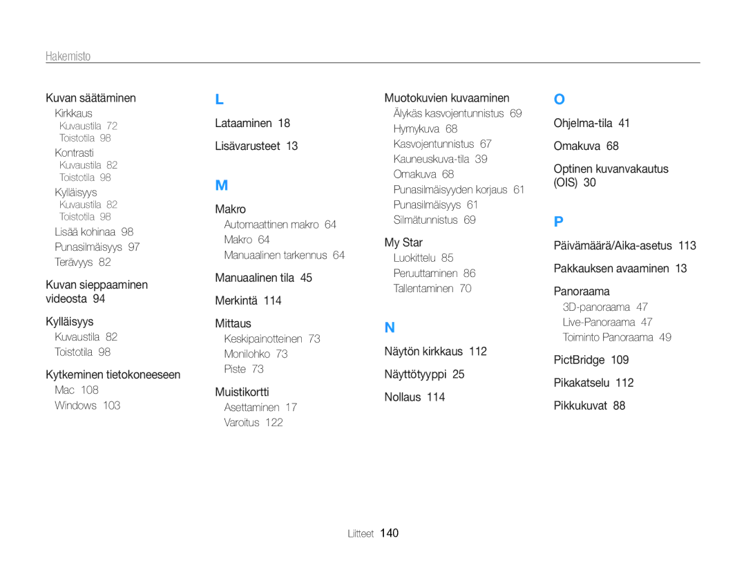 Samsung EC-WB750ZBPBE2 manual Hakemisto 