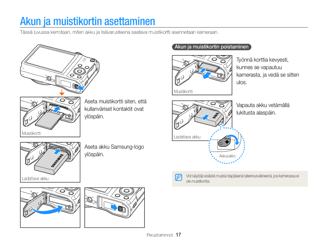 Samsung EC-WB750ZBPBE2 manual Akun ja muistikortin asettaminen, Akun ja muistikortin poistaminen 