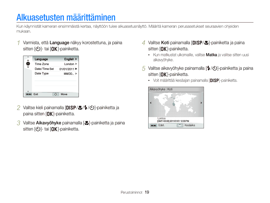 Samsung EC-WB750ZBPBE2 manual Alkuasetusten määrittäminen, Varmista, että Language näkyy korostettuna, ja paina 