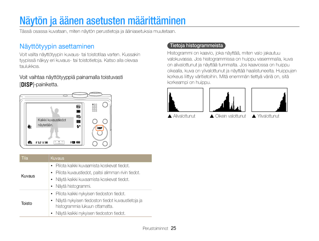 Samsung EC-WB750ZBPBE2 manual Näytön ja äänen asetusten määrittäminen, Näyttötyypin asettaminen, Tietoja histogrammeista 