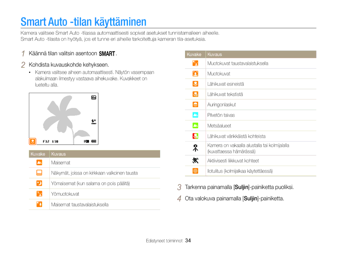 Samsung EC-WB750ZBPBE2 manual Smart Auto -tilan käyttäminen, Edistyneet toiminnot 