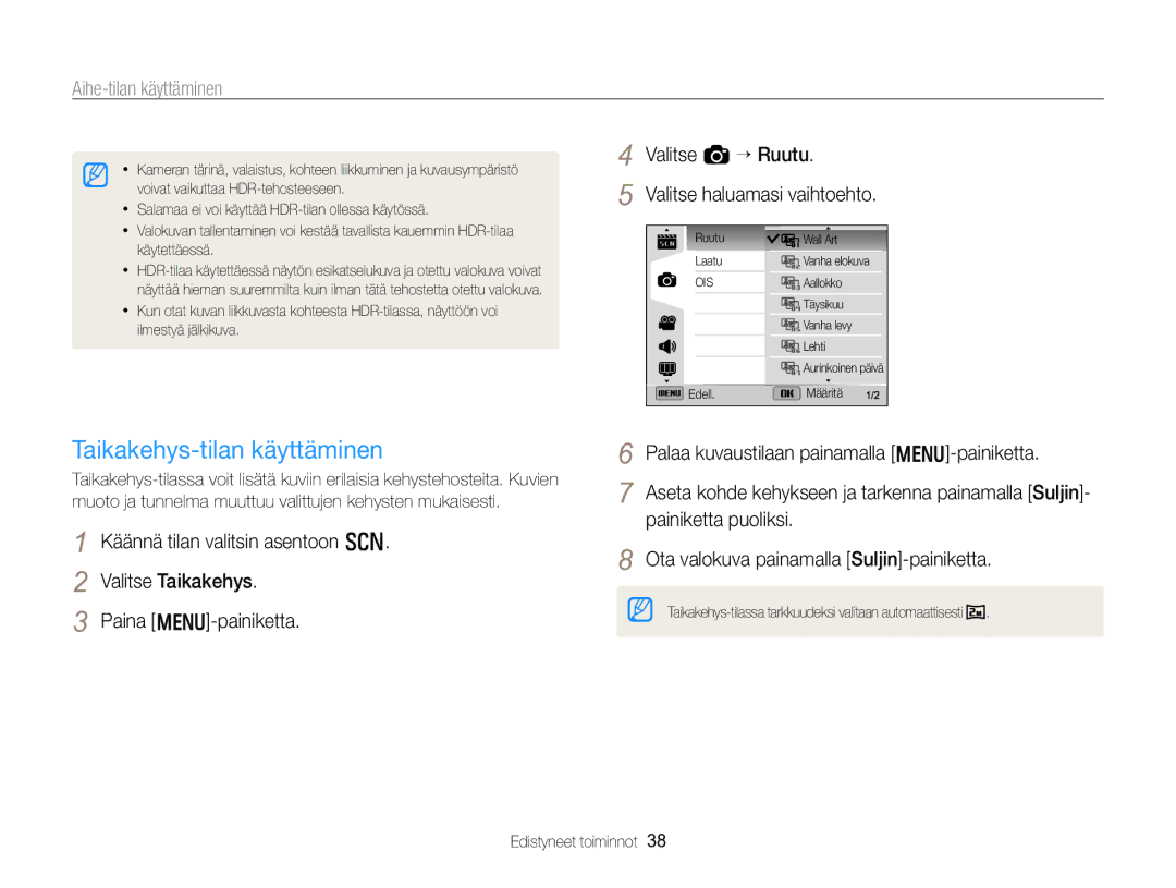 Samsung EC-WB750ZBPBE2 manual Taikakehys-tilan käyttäminen, Valitse a “ Ruutu Valitse haluamasi vaihtoehto 