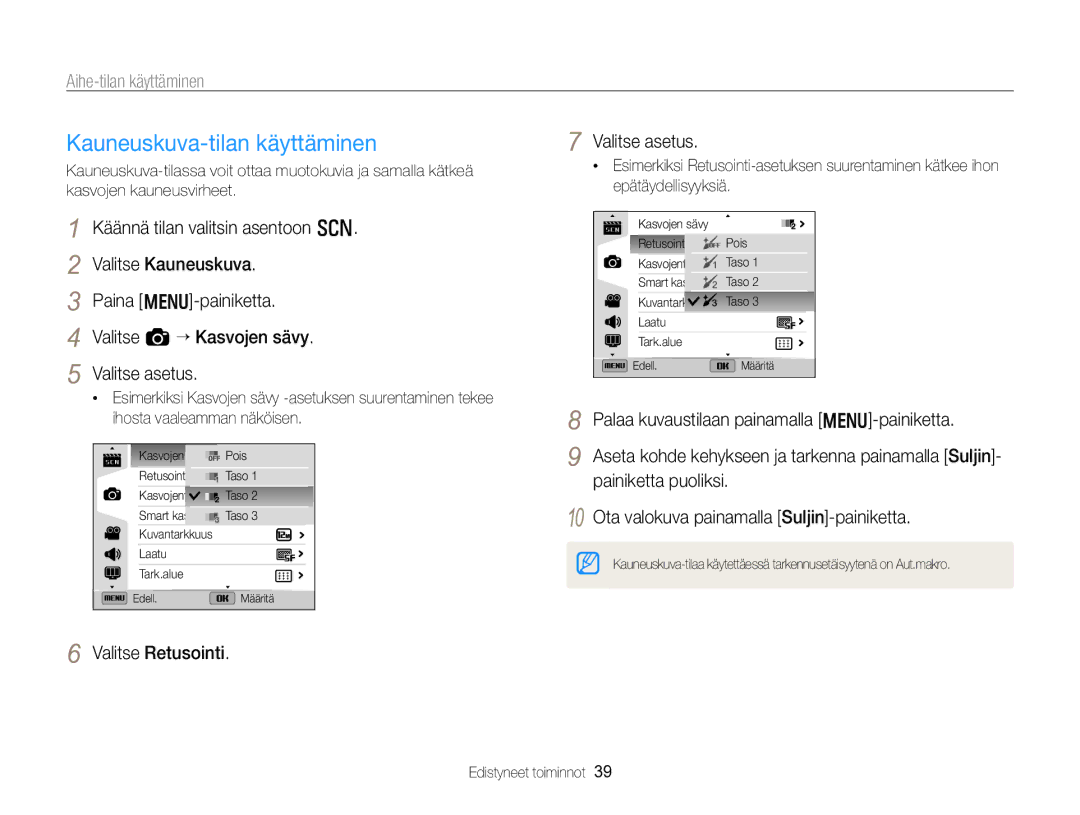 Samsung EC-WB750ZBPBE2 manual Kauneuskuva-tilan käyttäminen, Valitse Retusointi Valitse asetus 