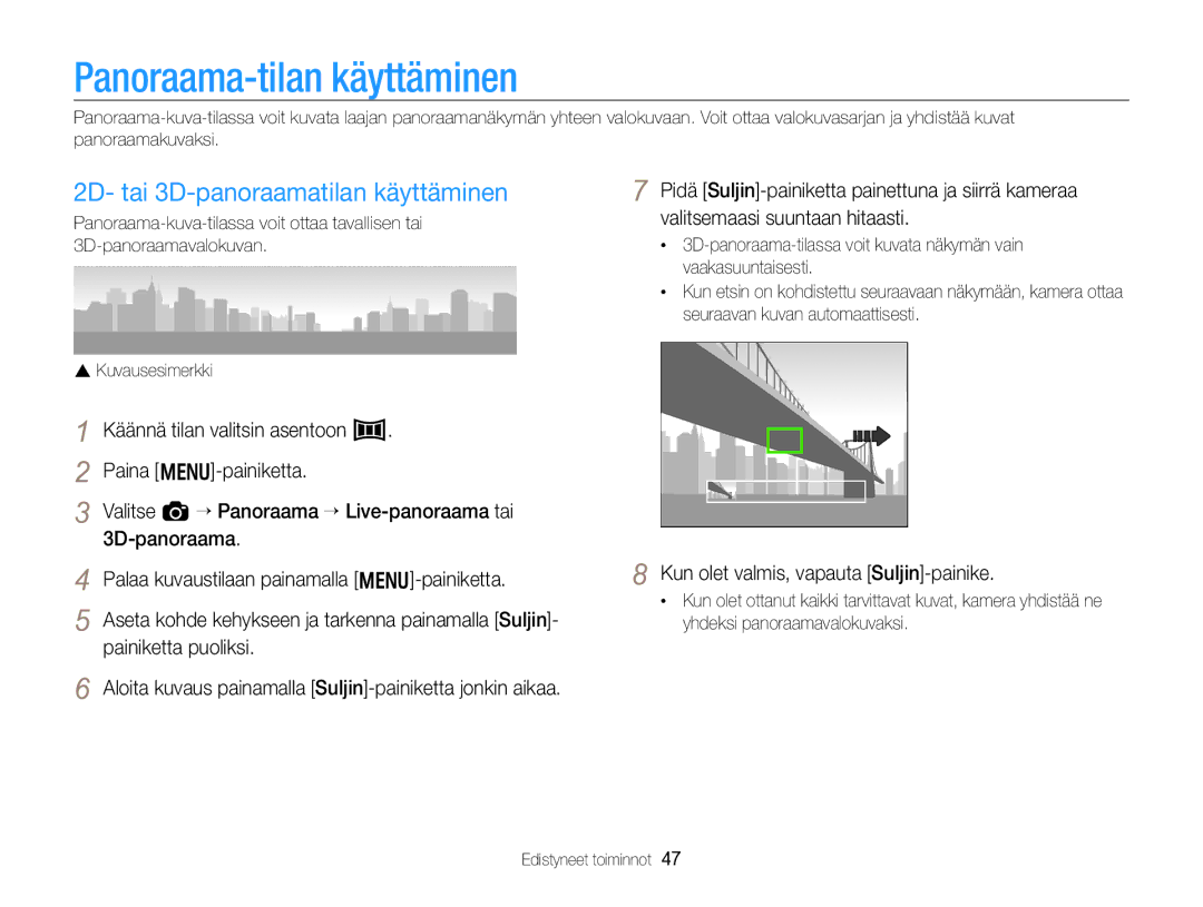 Samsung EC-WB750ZBPBE2 manual Panoraama-tilan käyttäminen, 2D- tai 3D-panoraamatilan käyttäminen 