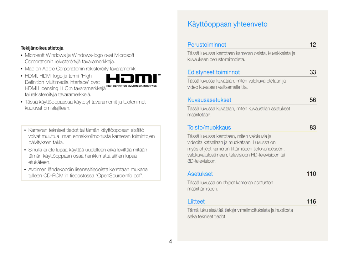 Samsung EC-WB750ZBPBE2 manual Käyttöoppaan yhteenveto, 110, 116 